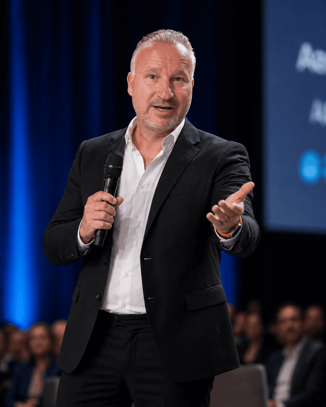 Alexander Holtermann with a microphone on stage