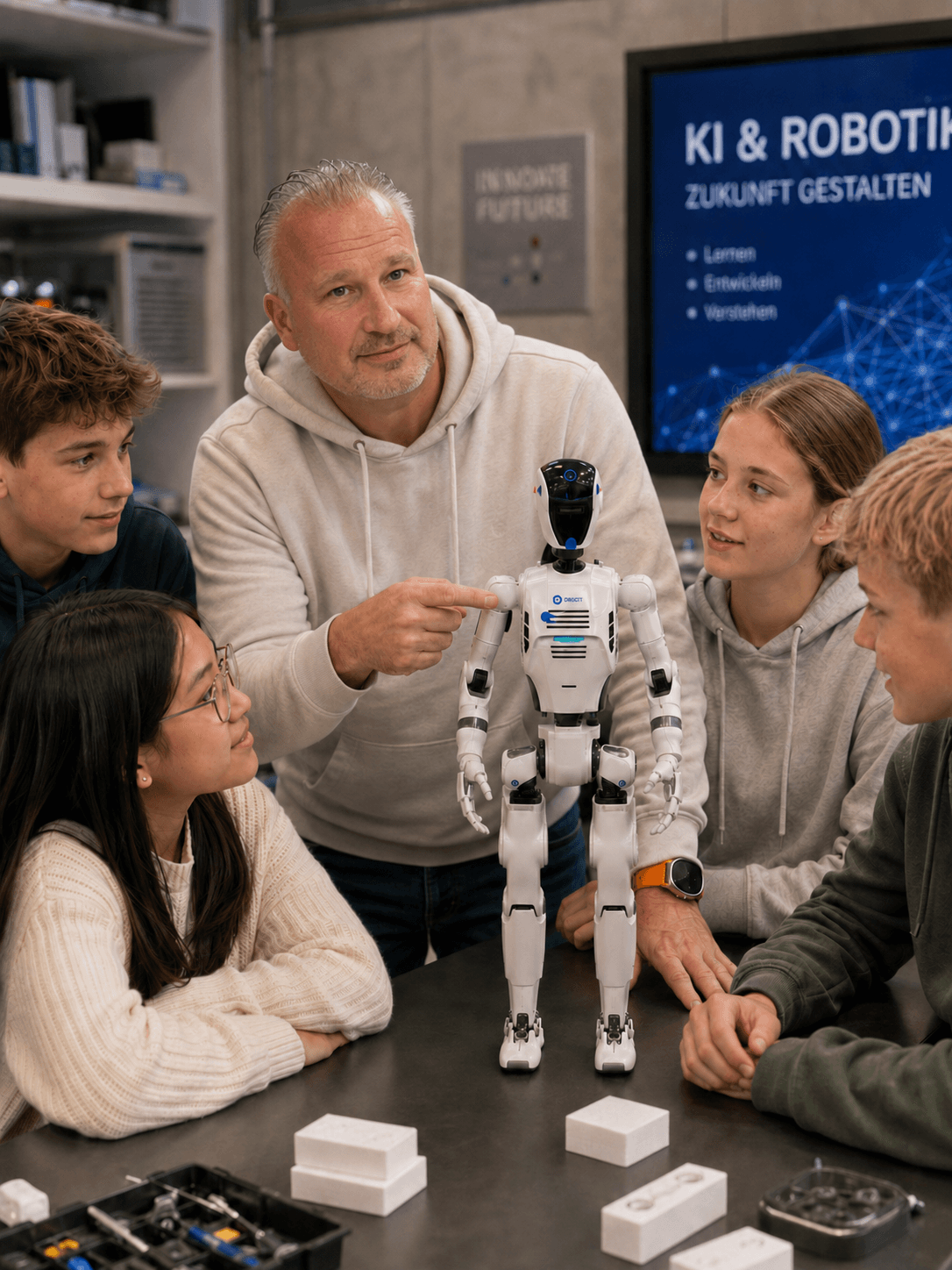 Alexander Holtermann with a robot and pupils